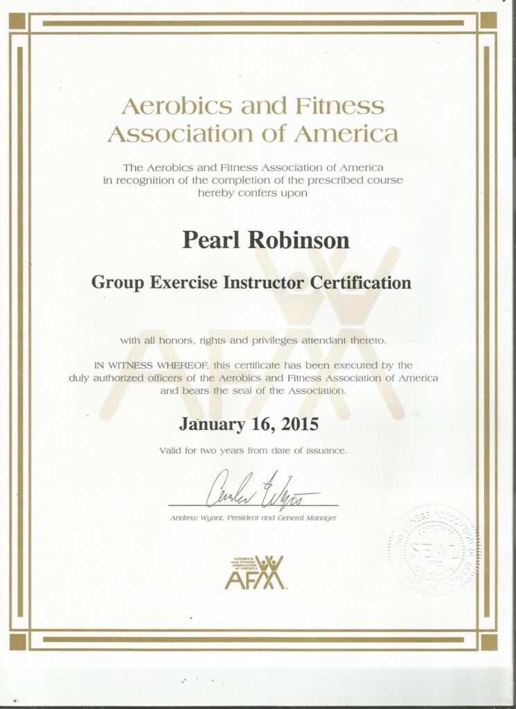 certificacion de AFFA instructor grupal de pearl fitness panama - pearl robinson